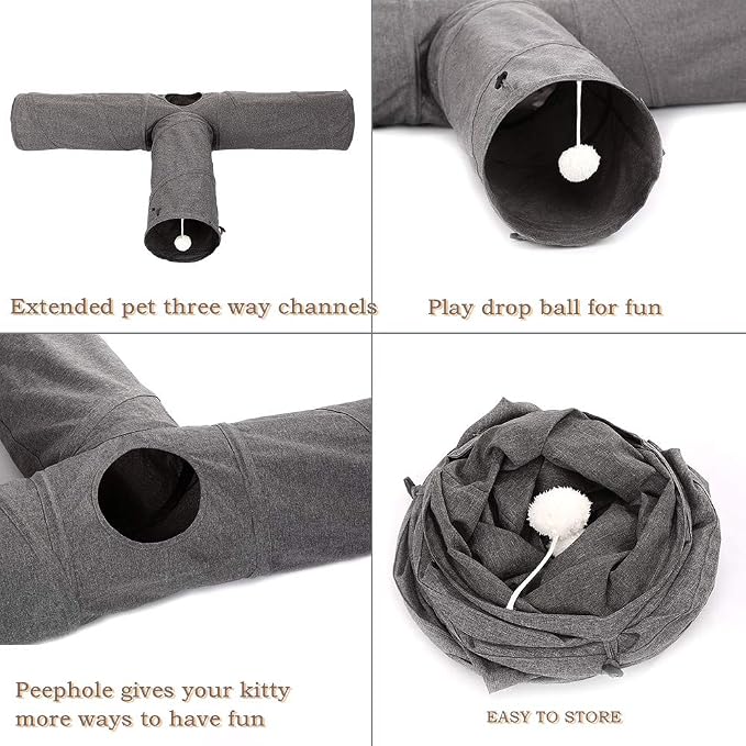 Ownpets 10" Large Cat Tunnel 3-Way T-Shape Oxford Fabric for Large Cat | Silent oxford fabric no noise, expandable 3-channel design, with plush ball ,feather wand, peek hole, for multi-cat household