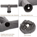 Ownpets 10" Large Cat Tunnel 3-Way T-Shape Oxford Fabric for Large Cat | Silent oxford fabric no noise, expandable 3-channel design, with plush ball ,feather wand, peek hole, for multi-cat household