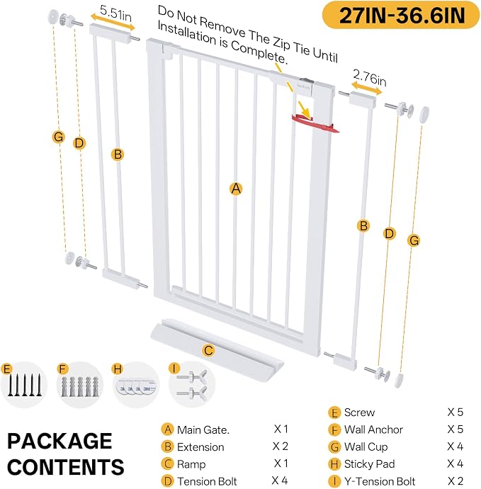 InnoTruth 27-36.6 in Wide x 35.5 in High Extra Tall Baby Gate, White | Indoor Metal Dog Gate for Stairs and Doorways, Auto Close Walk Through Door for Pets, Double Lock, Pressure or Hardware Mount