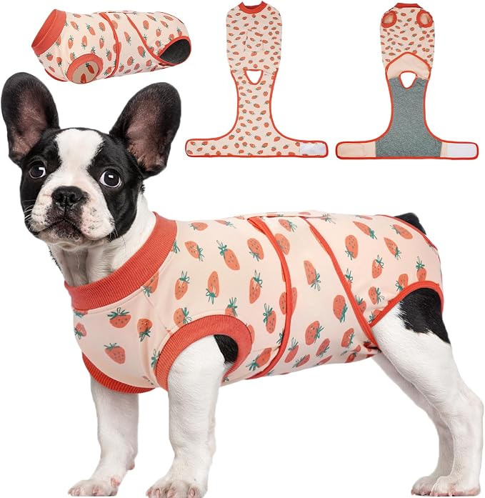 Kuoser Dog Recovery Suit for Female Male Dogs, Post-Surgery Bodysuit for Spay Neuter, Dog Onesie After Surgery, Anti-Licking Pet Surgical Recovery Suit, PinkStrawberry XS