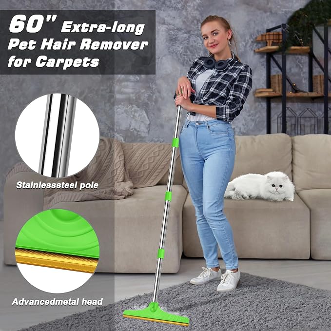 Carpet Rake for Pet Hair Removal, Green | Reusable Pet Hair Remover, 60" Adjustable Long Handle, Carpet Scraper for Dog Cat Hair, For Rugs, Mats, Couch, Furniture