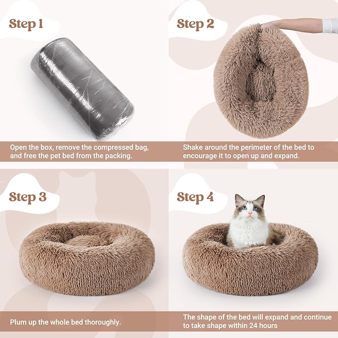 rabbitgoo Calming Cat Beds for Indoor Cats, 20 inches, Light Brown | Soft Warm Donut, Fluffy Faux Fur, Supportive Raised Rim, Anti-slip, Machine Washable, Up to 15lbs Kittens & Small Cats