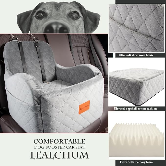 Lealchum Dog Booster Car Seat for Small/Medium Dogs Up to 35lbs,Ultra Soft Fabric Covered,6in Elevated Cushion,Fully Detachable and Washable,3 Straps & 2 Pockets,Easy to Install(Grey,Medium)