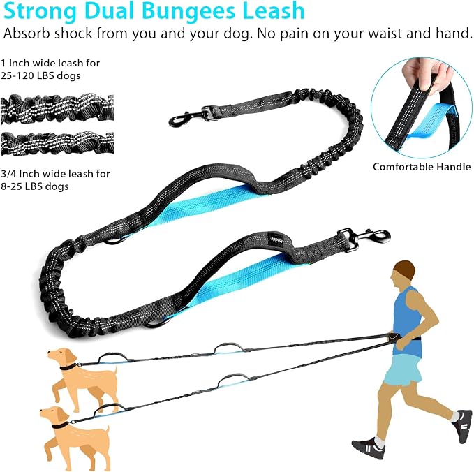 Uppetly Hands Free Dog Running Leash with Adjustable Waist Belt, Dual Handle Elastic Bungees Retractable Rope for Medium and Large Dogs, Reflective Stitches for Walking Hiking Biking (Large, 25-120lb)