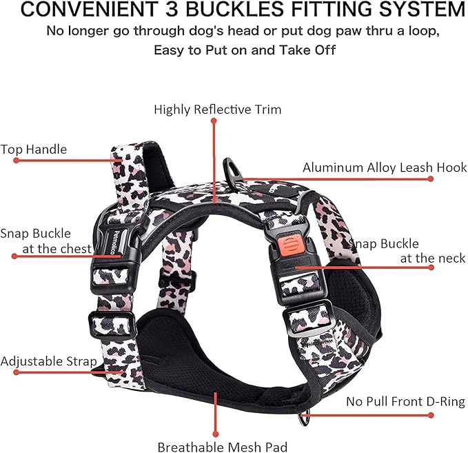 Petmolico No Pull Dog Harness Set with Leash Attachment Easy Control Handle Reflective Harness Vest Small Breed, Puppy Vest and Leash Set with Poop Bag Holder, Large - Leopard