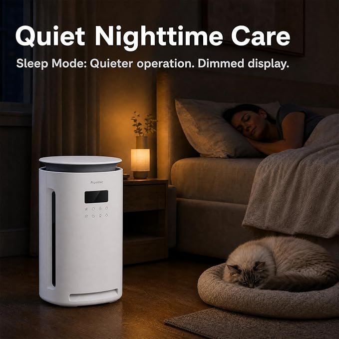 Provirtec Pet Air Purifier for Home with 2 Washable Pre-Filters, H13 HEPA | For pet homes: 360° intake, 1-Year Filter, 1800 sq ft, tested pet hair and odor reduction, PM2.5 Auto and 23 dB Sleep