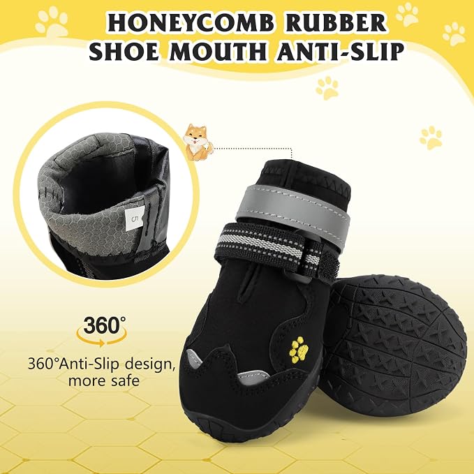 Dog Shoes for Large Dogs, 360°Anti Slip Medium Dog Boots & Paw Protectors Winter Snowy, Waterproof 4Pcs Dog Booties with Reflective Strips (Size 1: 1.57''x2.09''(W*L), Black)