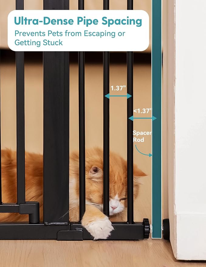 No Pawblems 71" Extra Tall Pet Gate, 29"-43" Wide Pressure Mounted, Black | 1.37" Ultra Narrow Spacing, Auto-Close Tall Cat Gate for Doorway, Dual-Lock, One-handed Operation