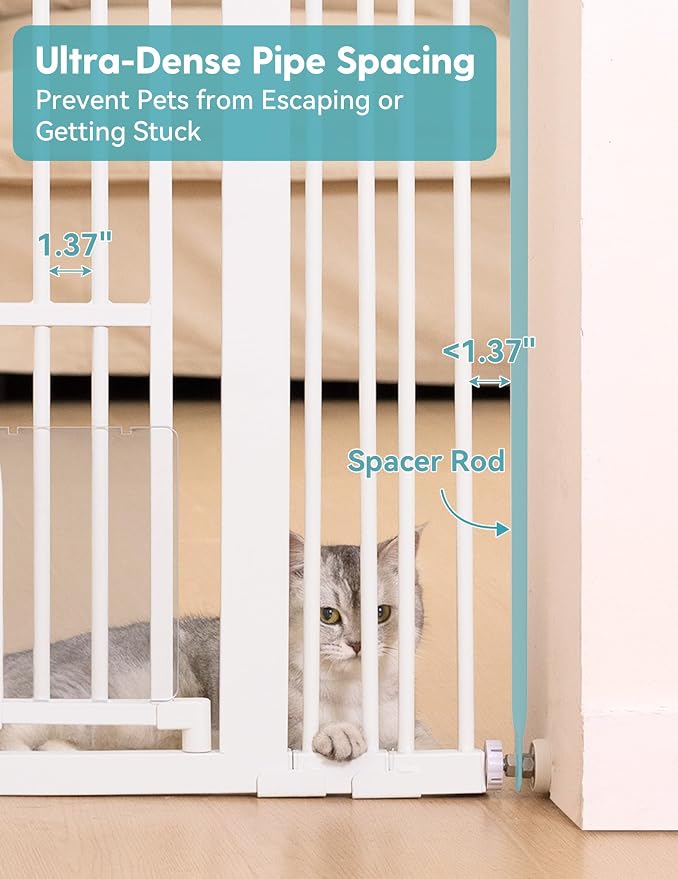No Pawblems 55" Extra Tall Pet Gate with Cat Door, 29"-43" Dog Gate Indoor | NO Drilling Pressure Mounted for Doorways/Hallways, 1.37" Bar Spacing Keeps Pets Separated, One-handed Operation, White