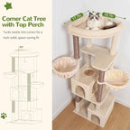 Globlazer C64 Heavy Duty Corner Cat Tree, 64in Large Cat Tower, Beige | Easy Setup, Maine Coon, Extra-Large Top Perch, 2 Condos, 2 Hanging Baskets, 4 Sisal Scratching Posts, Anti-Topple Strap