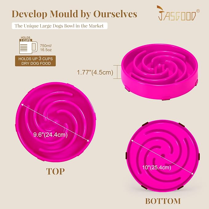 JASGOOD Slow Feeder Dog Bowl for Large Medium Dogs, Anti-Gulping Pet Slower Food Feeding Bowls, Stop Bloat, Preventing Choking, Healthy Design, R-Rose red