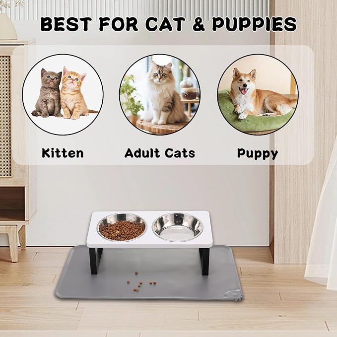 Summark Upgraded Elevated Cat Bowls with Food Mat,15°Tilted Stand Anti Vomiting Raised Cat Dishes for Food and Water,2 Stainless Steel Bowls for Cats and Puppy（White）