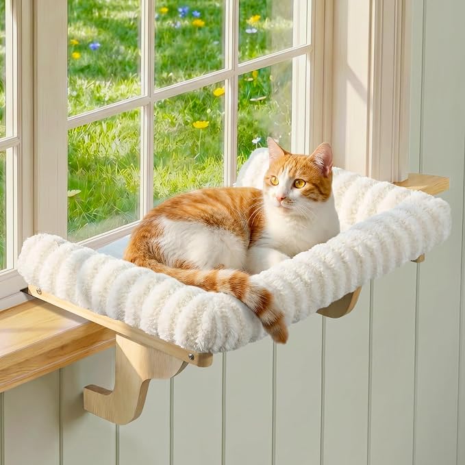 Zakkart Mellow Cat Perch for Windowsill with Hardwood Frame (Beige, XL) | Hook-On Windowsill Mount, Zipper Removable Bed, Open-front View, Machine Washable, Support up to 40 lbs., 27"W x 15.5"D