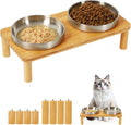 DoogCat Raised Cat Bowls, Bamboo Stand with 2 Stainless Steel Bowls | Adjustable Height, Whisker-Friendly Design, Food & Water Set, Stable Construction, Easy to Clean