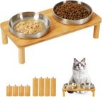 DoogCat Raised Cat Bowls, Bamboo Stand with 2 Stainless Steel Bowls | Adjustable Height, Whisker-Friendly Design, Food & Water Set, Stable Construction, Easy to Clean