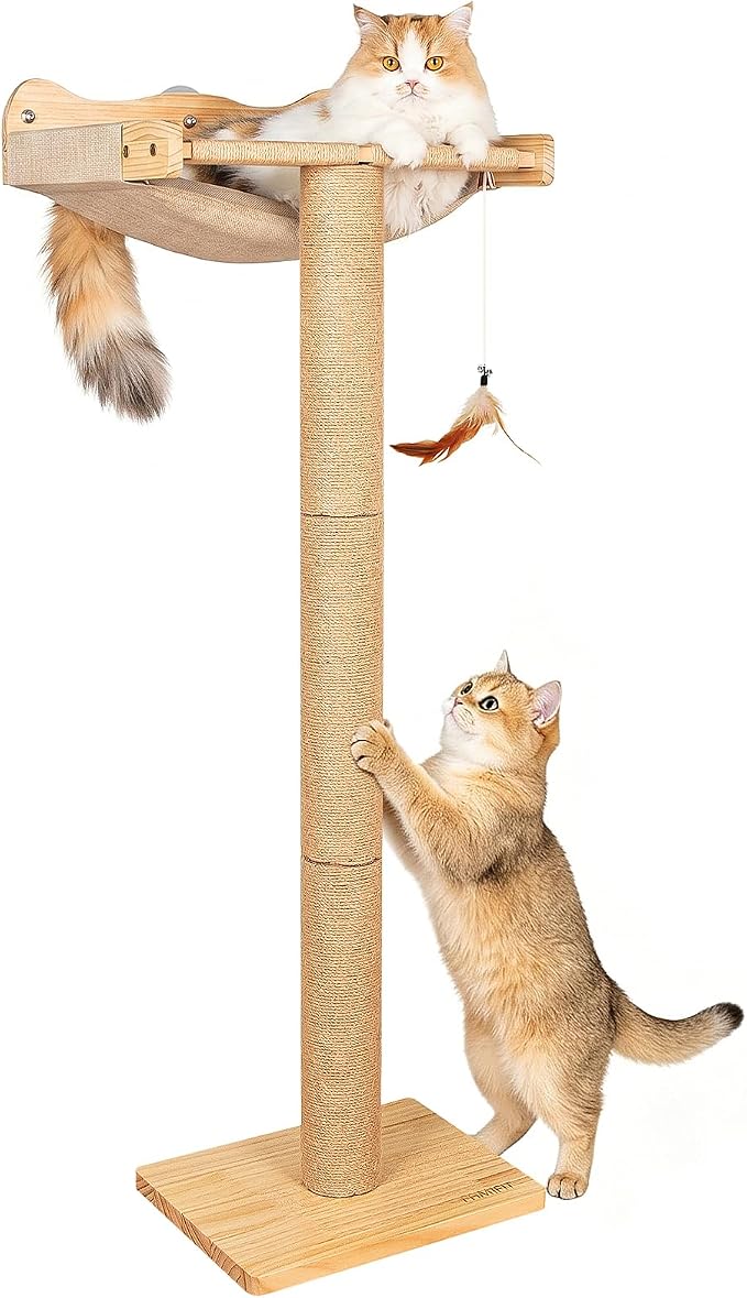 46" Tall Cat Scratching Post with Window Perch | Natural Linen Mat, 3-Piece Detachable Sisal Posts, Drill-Free Suction Cup Mount, Elevated Privacy Hammock, 45 LBS Capacity
