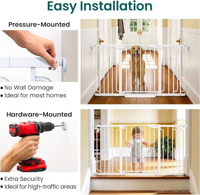 Cumbor 30.4-56.8" Extra Wide Baby Gate, Auto Close Dual Lock Dog Gate White | Easy Install Pressure Mounted Pet Gate for Doorways & Large Openings, Easy Walk Thru Safety Proofing for Babies & Large Dogs