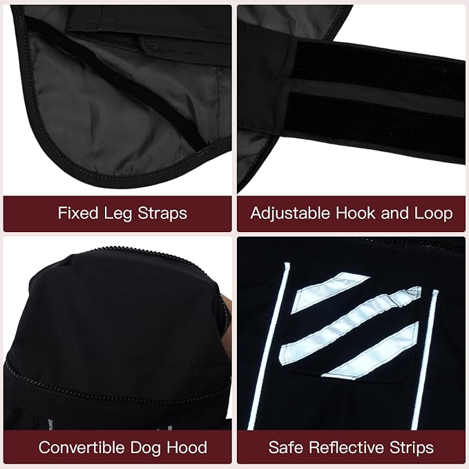 Large Dog Raincoat, Reflective Waterproof Rain Jacket with Convertible Hood/Collar, Lightweight Adjustable Dog Poncho with Leash Hole Full Coverage (Black, L)