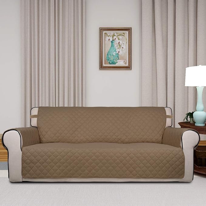 PureFit Reversible Quilted Sofa Cover Dog Couch Covers for Sofa, 66 in | Camel/Ivory, Water Resistant Couch Protector, Washable Pet Couch Cover with Non Slip and Elastic Straps For Kids