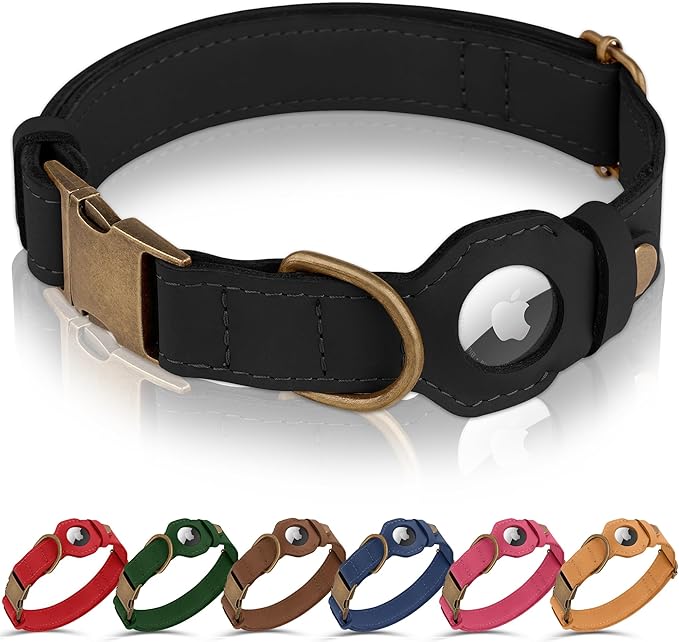 AirTag Dog Collar - Genuine Leather Dog Collar with Apple AirTag Holder and Metal Buckle - Smart GPS Tracking Pet Collars (Black, XL, 20"-25" Neck Fit)
