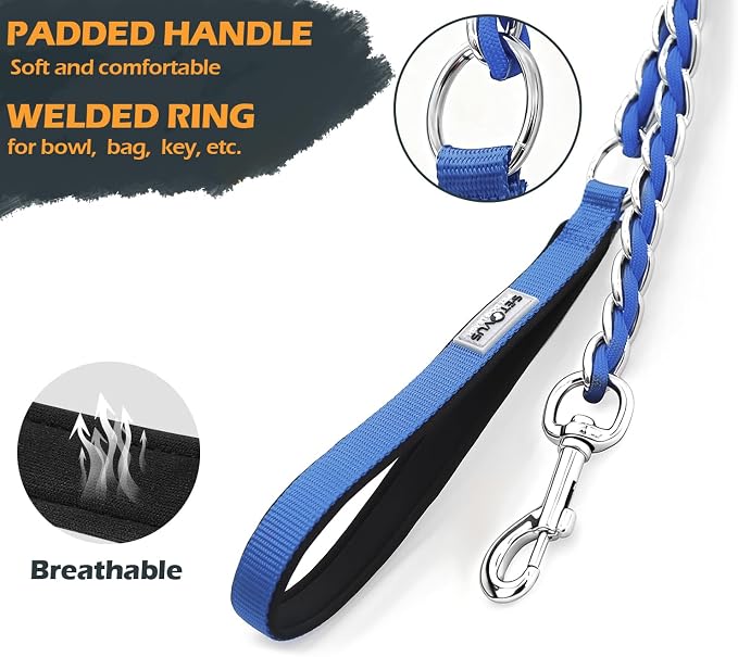 S-ETOVUS-Chain Dog Leash, Bite-Proof Metal Leash, with Padded Handle | Three Sizes 7.25FT/5.2FT/4FT, Woven From Nylon Rope And Chain, Durable And Bite-Resistant, Comfortable With Padded Handles
