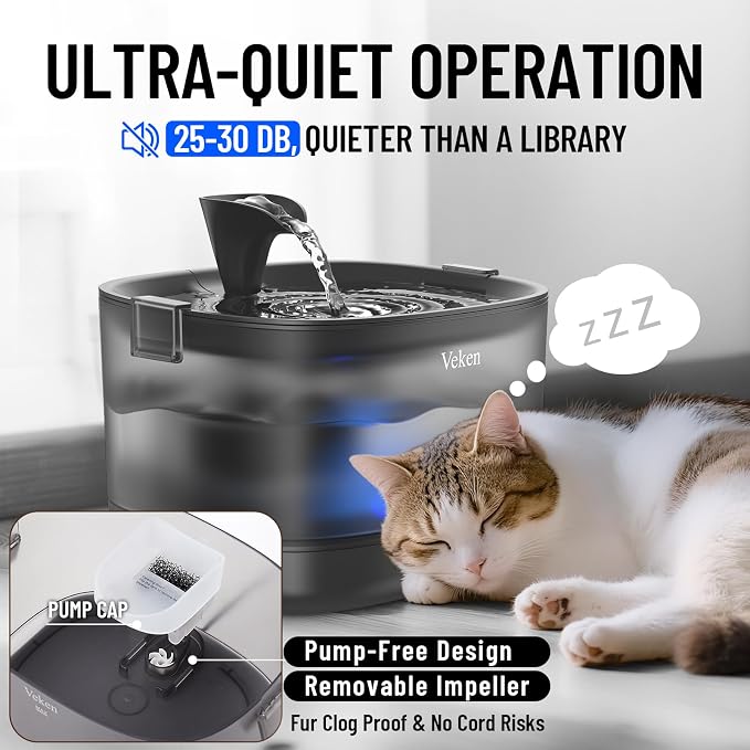 Veken 85oz/2.5L Cat Water Fountain with Detachable Tank, 6Filters & Sponges | Secure Clips, Easy to Clean & Assemble, Quiet Pet Drinking Dispenser with LED Light for Cats, Dogs and Small Pets, Black
