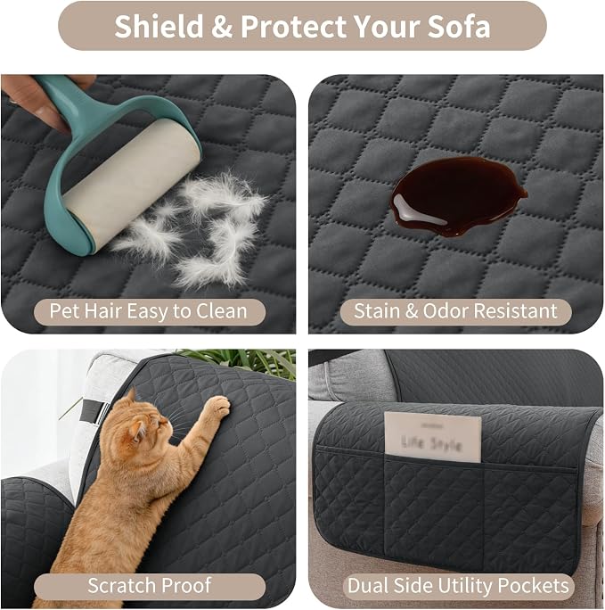 100% Waterproof Couch Cover for Dogs with Non-Slip & Side Pockets 23", Furniture Protector Sofa Covers, Washable Cushion Covers for Pets Kids Cat-Armchair Blackishgray
