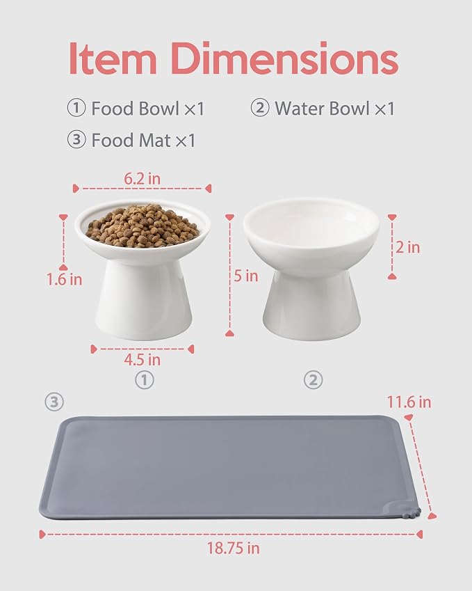 CEEFU 2 Elevated Ceramic Cat Bowls Upgraded with Food Mat for Food & Water | Extra Wide – Whisker Fatigue Shallow Food Dish, Lead & Cadmium-Free, Raised Height for Cats, White
