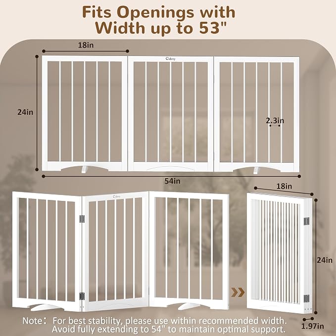 Free Standing Dog Gate Indoor, Foldable Dog Gate for Stairs Doorways | 3-Panel Freestanding Pet Gate with Support Feet for Stability, Folding Puppy Gate Easy to Move, Doggy Gate 54"x24", White