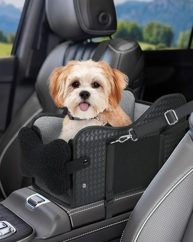 Center Console Dog Car Seat, Pet Car Seat, Armrest Middle Console Booster Travel Carrier for Small Dogs and Cats(Black Leather)