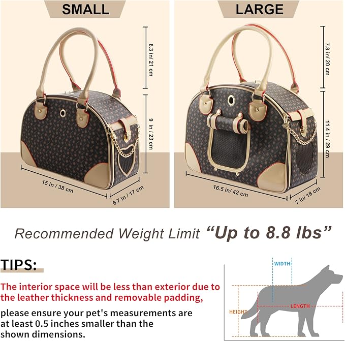 Fashion Dog Carrier PU Leather Dog Handbag Dog Purse Cat Tote Bag Pet Cat Dog Hiking Bag, Brown, Large 42 * 29 * 18cm