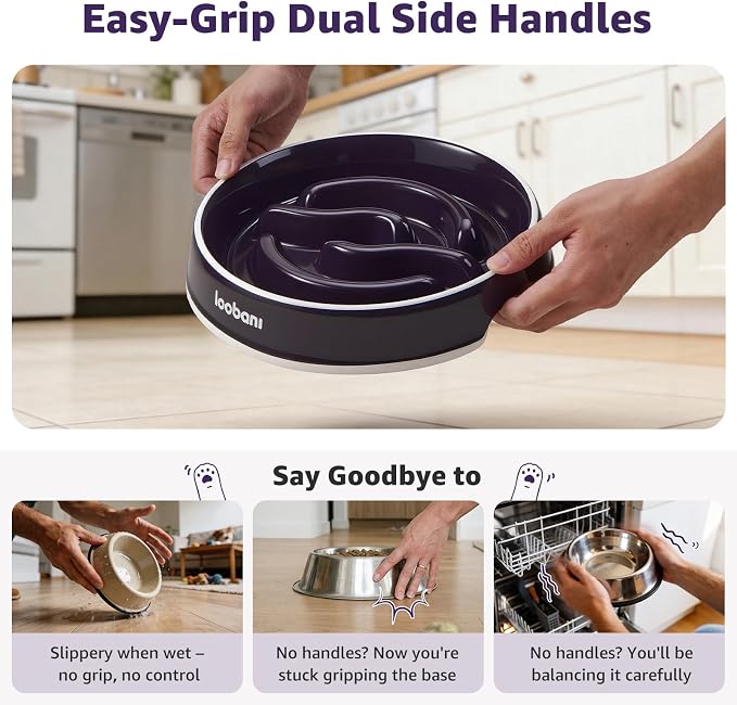 LOOBANI 3.5 Cups Ceramic Slow Feeder Dog Bowls Large Dogs with Grip Handles | Heavy Ceramic, Stay in Place, Healthier Eating, Durable & Easy-Clean, Foam-Protected, Perfect for Fast-Eating Large Breeds