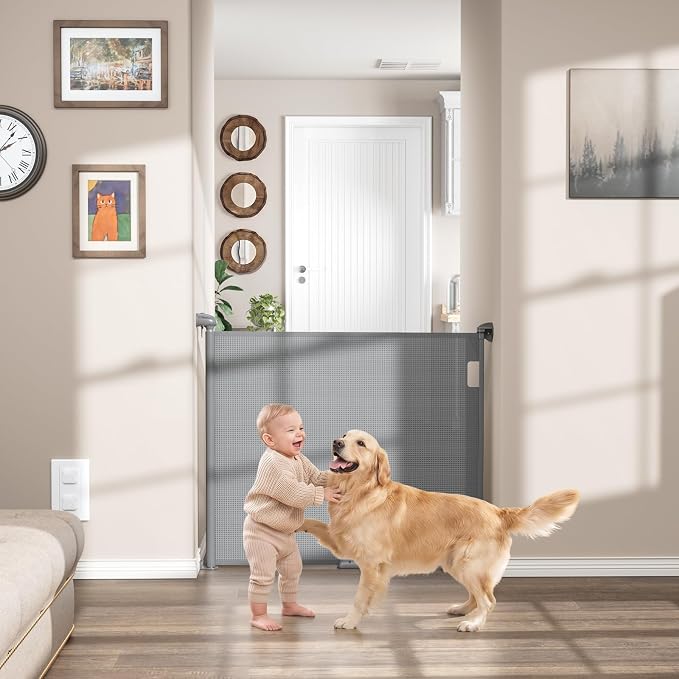 Babepai Retractable Baby Gates for Stairs, Retractable Dog Gate for Indoor/Outdoor Use | Child Gates for Doorways, Deck, Porch, Hallways, Patio (Grey, 55" Wide × 34" Height)