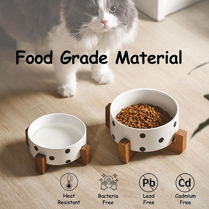 Petygooing Ceramic Dog Bowl Set with Stand, Small Pet Bowls, Anti-Slip Cat & Dog Food and Water Bowl Set (13.5OZ/5.1 in) Black Dot