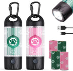 Tubasion 3-in-1 Dog Poop Bag Holder with Flashlight 7-Color, USB-C Rechargeable doggie bag holder for leash, IPX6 Waterproof Anti-Slip Clip Pet Waste Bag Dispenser for Walking (2 Dispensers, 60 Bags)