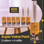 DELOMO Lint Roller for Pet Hair Extra Sticky, Mega Value Set of 600 Sheets | 2 Handles + 6 Rollers, Clean Faster for Clothes, Couch, Bedding, Furniture & Car, Easy Peel Design for Multi-Pet Homes