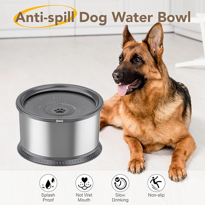 3.5L/118oz Dog Water Bowl, No Spill Stainless Steel Slow Water Bowl for Medium Large Dogs, Large Capacity Splash Proof Dog Slow Water Feeder with Anti-Slip Mat for Mess Drinkers