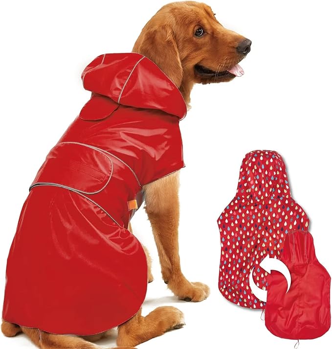 Kimee Dog Raincoat Reversible, Single Side Slicker Poncho Adjustable Waterproof Dog Rain Jacket with Leash Hole/Reflective Stripe Hooded Snowproof Windproof Clothes for Small to 3X-Large Dogs, XL