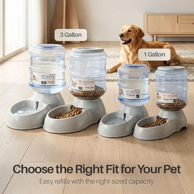 Flexzion Automatic Pet Feeder & Waterer Set of 2 Pack, Self Feeding Replenish Dog Cat Bowls, Gravity Food & Water Storage Container Fountain Jug Pet Supplies Plastic Skid Proof Rubber Feet (1 Gallon) | Self-replenishing dry food station with non-skid f...