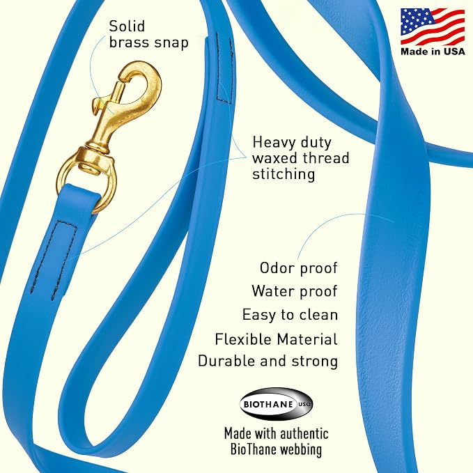 Viper Biothane K9 Working Dog Leash Waterproof Lead for Tracking Training Schutzhund Odor-Proof Long Line with Solid Brass Snap for Puppy Medium and Large Dogs, 15ft Cerulean Blue