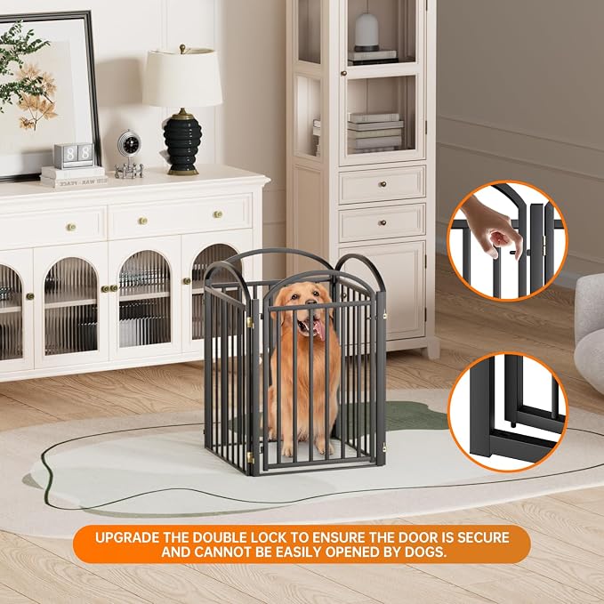 SNUOWU 4 Panels Full Matel Freestanding Dog Gates with Door, 96"Extra Wide 32"Tall Free Standing Dog Pet Gate for Indoor & Outdoor. Foldable Pet Fences for Doorways, House, Stairs, Porch, Deck, Yard