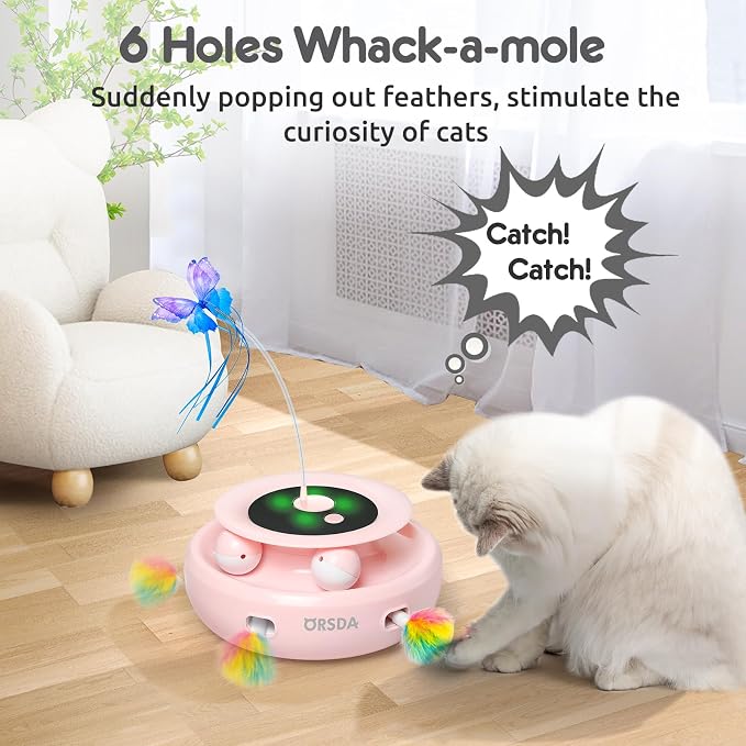 ORSDA Cat Toy, 3-in-1 Automatic Interactive Electronic Moving Ambush Feather, Fluttering Butterfly, Track Balls, USB Rechargeable Powered Smart Indoor Exercise Kicker