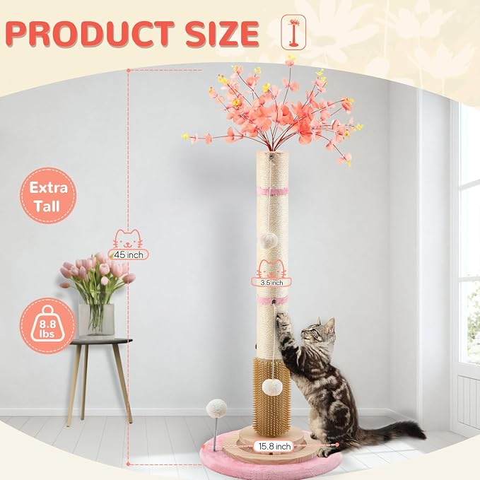 45'' Tall Cat Scratching Post Tree,Heavy Duty for Indoor Body Stretching | 3.5Inch Diameter Sisal Rope,Stable Real Wood Base,Artificial Plant Design Scratcher,Interactive Ball Toy for Home Decor
