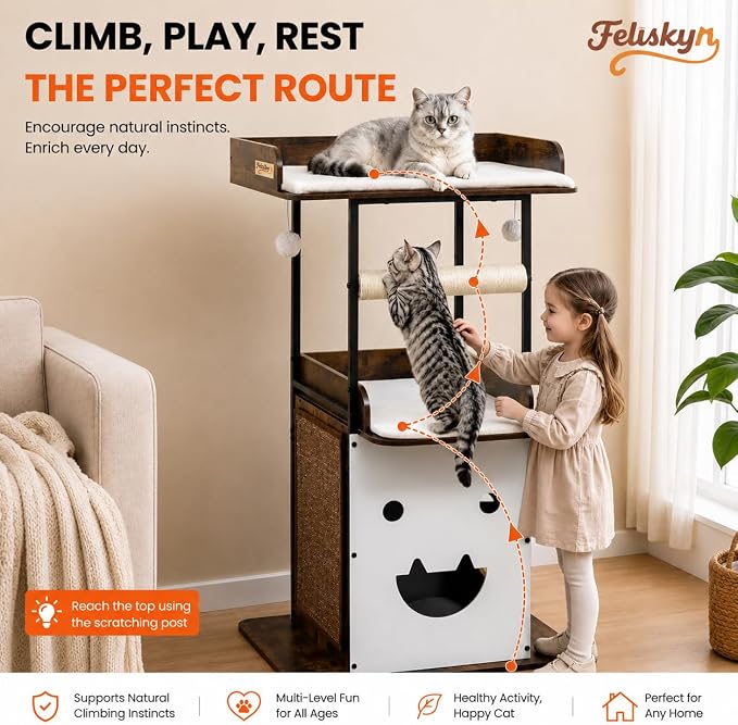 48in Wood Modern Cat Tree for Large Indoor Cats with Big Perch Bed | Multi-Level Climbing Design, Cat Cando, Sisal Scratching Posts and Board, Removable Washable Pads, Stable Rustic Brown