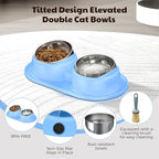 Cat Bowls 2 Stainless Steel Bowl for Pet Dog Water and Food Feeder with Non Spill Skid Resistant Silicone Mat,Tilted Bowls Elevated Anti Vomiting, Non-Slip Base, Ant Proof Food & Water.Blue