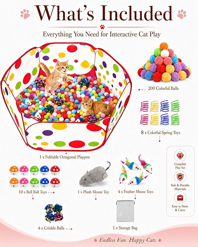Cat Ball Pit with 227 Pcs Interactive Cat Toys, Enrichment Toys for Bored Indoor Cats Self Play, Include Pom Pom Balls Jingle and Crinkle Balls, Springs and Mice Toy for Kitten Fun and Exercise