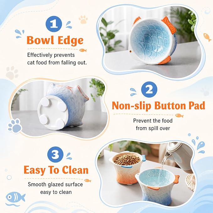 Tioncy 2 Pcs Raised Tilted Ceramic Cat Food Bowl Fish Shape Cute Elevated Slanted Shallow Angled Cat Dish Non Slip Feeder Bowl for Anti-Vomiting and Fatigue (Blue,Orange)