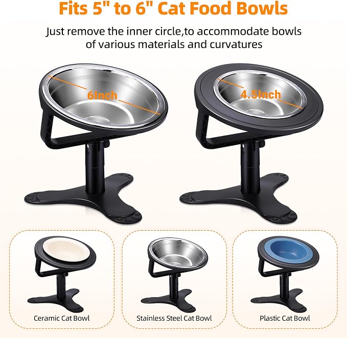 Raised Cat Bowls,Elevated Cat Bowls for Indoor Cats with Height-Adjustable Stand,Non-Slip Stainless Steel Cat Bowls,15° Tilted Cat Food Bowls (2 Pack)