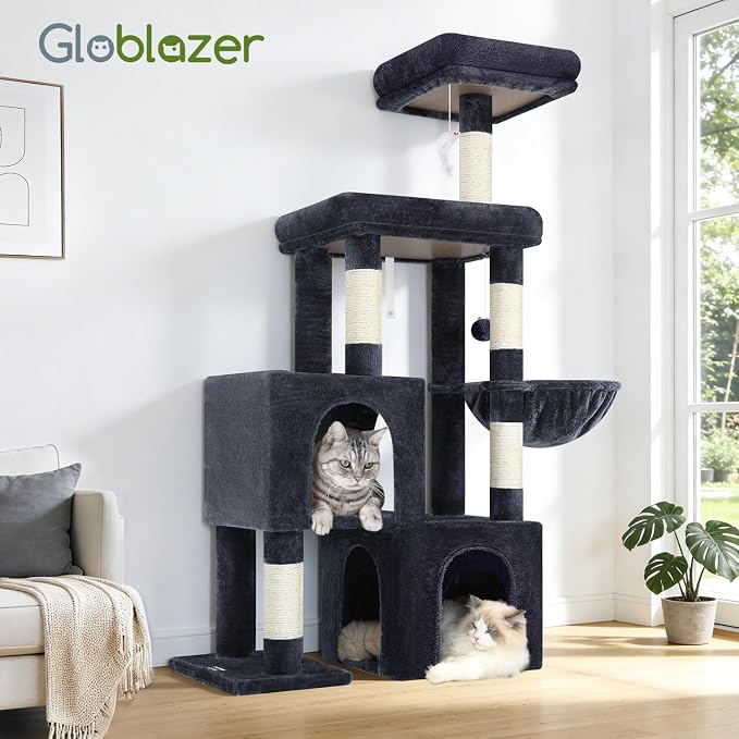 Globlazer 52in Cat Tree Tower for Indoor Cats, 2 Condos, S52, Dark Grey | Multi-Level Plush House, 5 Sisal Scratching Posts, 2 Padded Top Perches, Big Metal Basket, Stable Enlarged Base