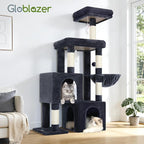 Globlazer 52in Cat Tree Tower for Indoor Cats, 2 Condos, S52, Dark Grey | Multi-Level Plush House, 5 Sisal Scratching Posts, 2 Padded Top Perches, Big Metal Basket, Stable Enlarged Base